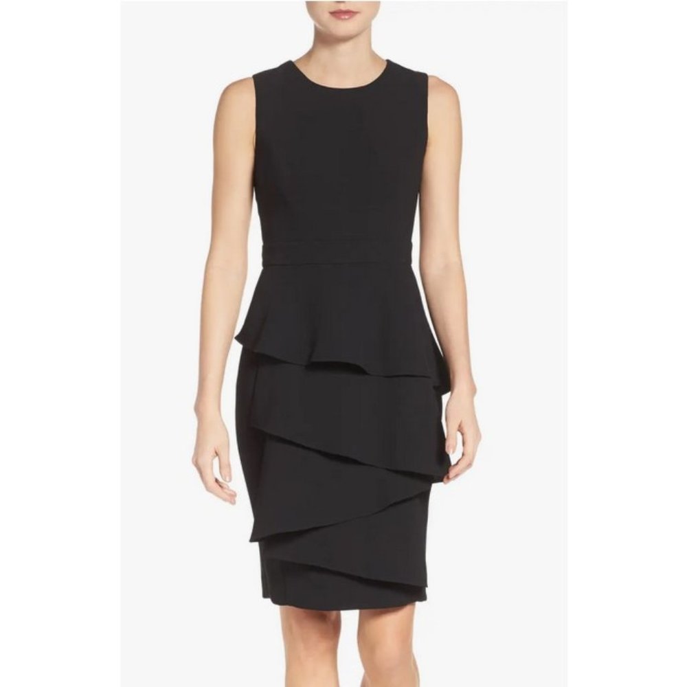 ELIZA J Dress Sold Out Navy Blue Sleeveless Ruffle Cascade Crepe Sheath 8